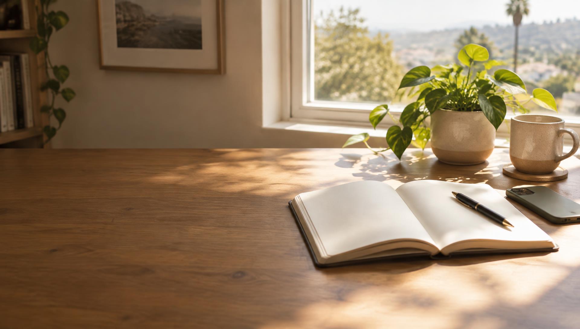 An open notebook and pen on a welcoming sunlit office desk